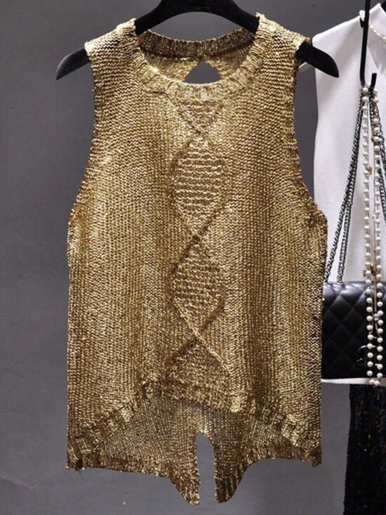 Sweaters - Gold Casual Women's Sleeveless Metallic Knit Top